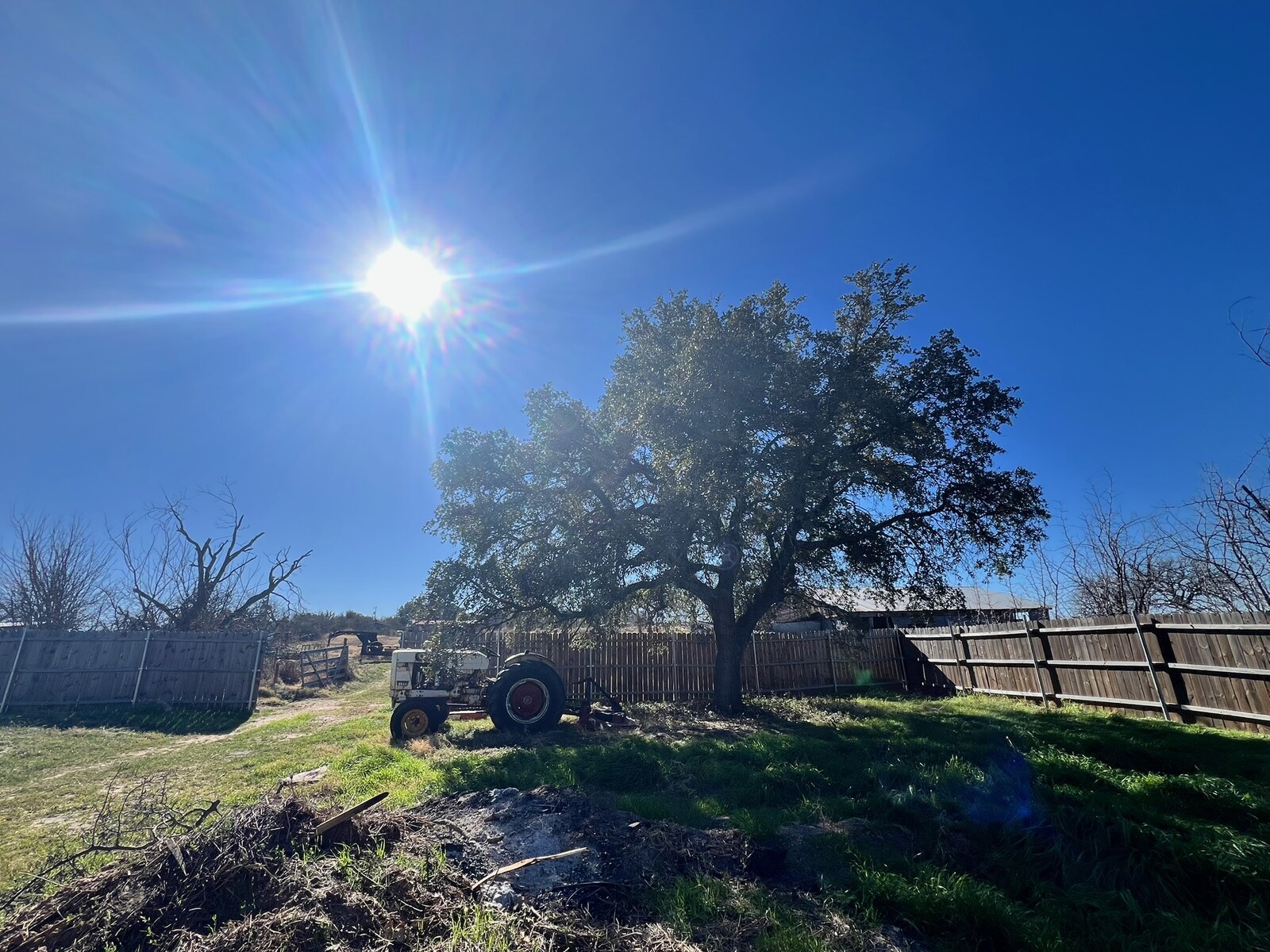 Mature oak, fencing, and yard visible on the property